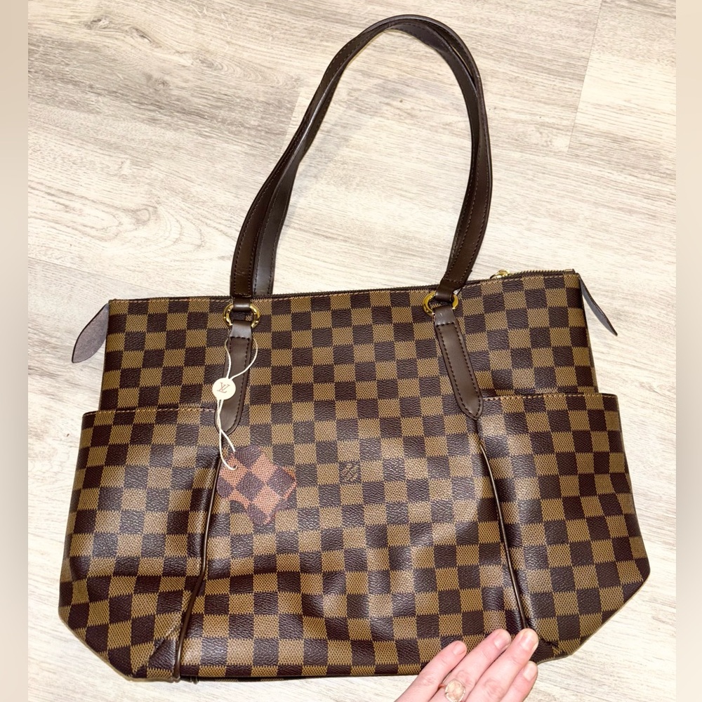 Designer Inspired Brown Checkered Tote Bag